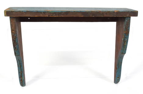 Blue Painted Clock Shelf: Maple with cut-out sides, old blue over green, 18 x 5 1/2 x13" high. Condition paint circa 90%, VG.