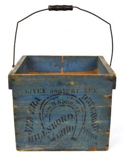 Blue Painted Hillsboro Ohio Egg Carrier: Stenciled on all four sides with horseshoe with text: Given Away By The New Era Dry Good Store Sam. H. Spencer Hillsboro, Ohio, with wire swing bale handle with black pnted turned maple grip, 13 1/2