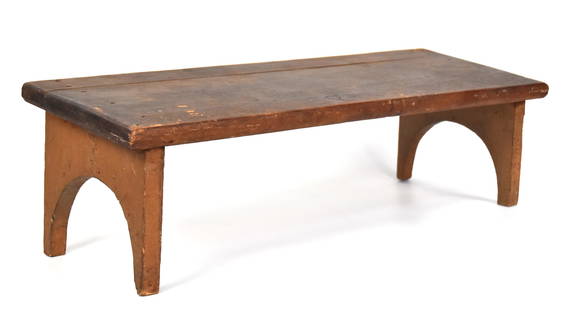 Early Footstool: White pine with cut-out ends, square nail construction with nice old patina, 24 x 8 1/8 x7 1/2" high. Condition VG.