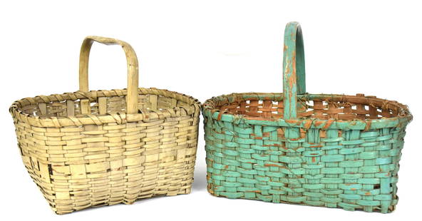 Two Early Painted Baskets: Including one split hickory with bentwood handle in old green painted finish 10 1/2 x14 x 11 3/4" high; and white painted example with bent hickory handle, 12 1/2 x10 x 11" high. Condition 1st with