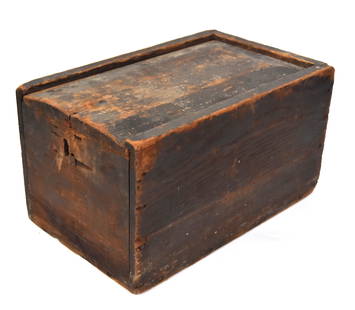 Early Candle Box: White pine in original old dark varnish finish with chamfered sliding lid with lock at one end, nice old patina, circa 1840, wrought nail construction, 15 3/4 x9 3/4 x 8 3/4" high. Condition VG.