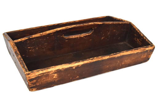 Early Cutlery Box: Or tool carrier in white pine with original old varnish finish and cut-out handle, wire nail construction, 16 x 11 1/2 x 4 1/2" hgh. Condition VG.