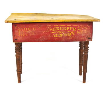 Childs Work Table: Maple & white pine in original yellow painted top, red painted apron and varnished turned legs, with yellow stencil on side reading: Our Little Housekeeper Laundry Set, 6 3/4 x 11 3/4 x 8 3/4" high.