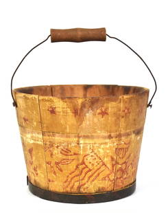 Early Shaker Wooden Decorated Childs Bucket: Stave constructed spruce in original yellow painted finish with red painted patriotic symbols, crossed U.S. flags, stars, shield and Good Boy with wire sling bale handle with turned maple grip, iron