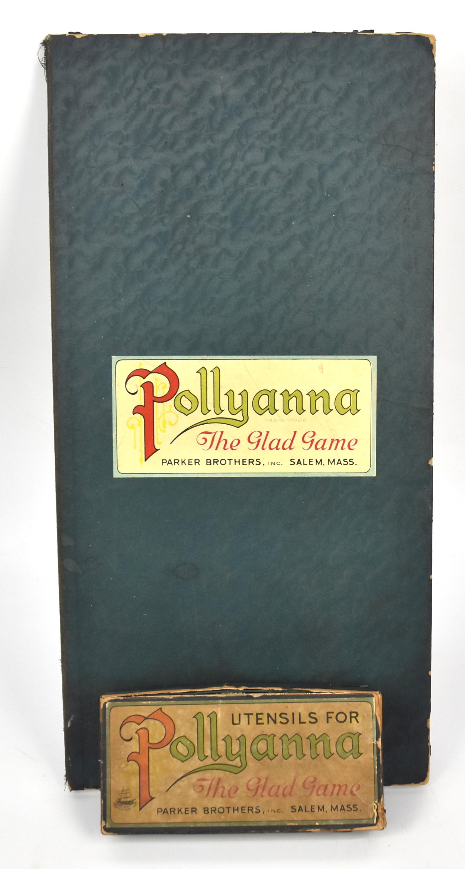 Pollyanna Parker Bros. Board Game: Chromolithographed folding heavy card stock board with original box of game pieces, both with chromo label marked Pollyanna Trade Mark The Glad Game Parker Brothers, Inc. Salem, Mass.; board is 18 5/8