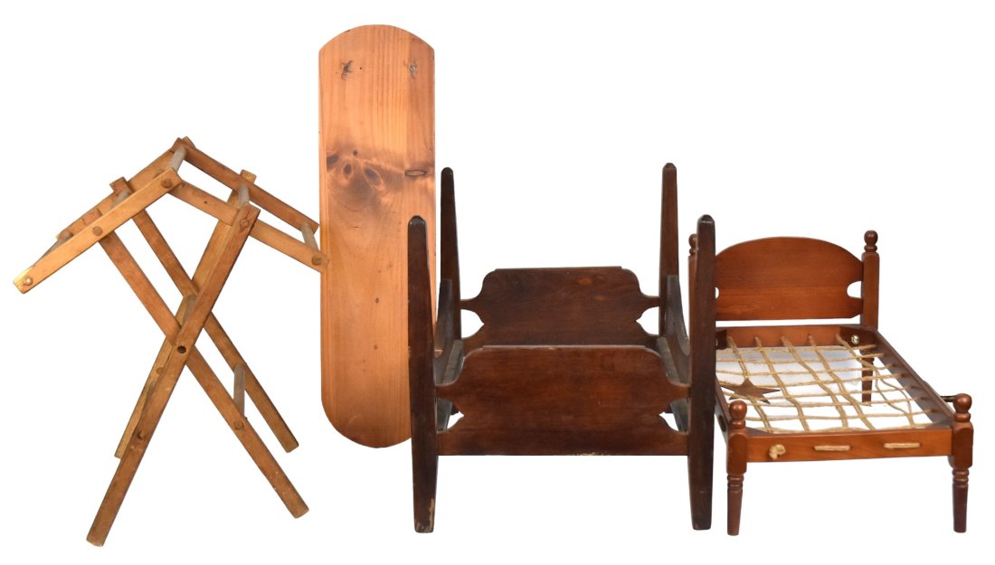Early Walnut Four Poster Doll Bed Plus: Also includes another doll bed, drying rack and ironing board. Largest bed 19 x14 x14.