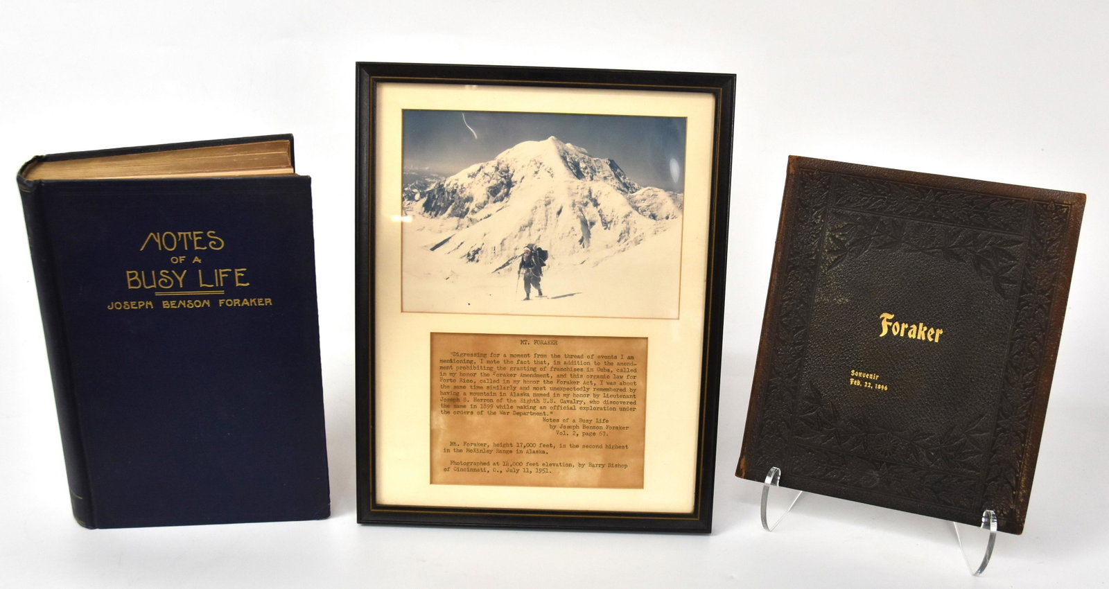 37th Ohio Governor Joseph B. Foraker: Lot of three including book by Foraker entitled Notes of a Busy Life Vol. 2,published by Stewart & Kid, Cincinnati, 1916, 584pp with all illustrations, 6 1/4 x 9 1/4"; pus booklet entitled Testimonial