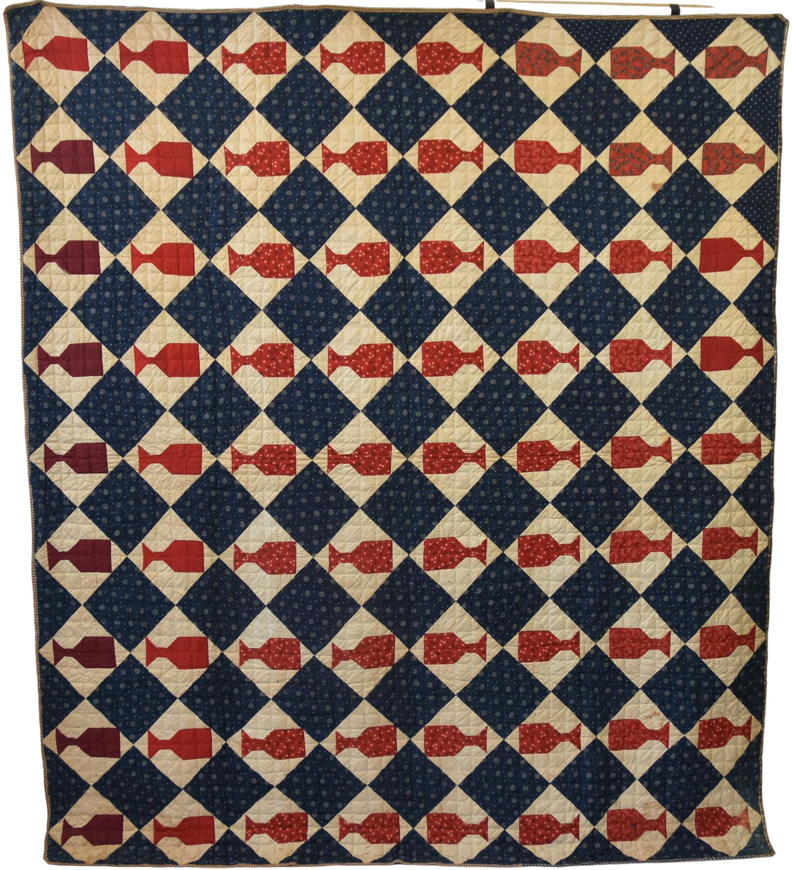 Early Wine Glass Pieced Quilt: Handmade. Unusual pattern. 76" x 86". Few minor stains otherwise good condition.