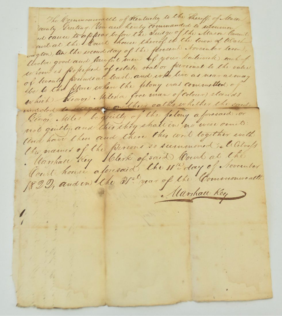 MS 1822 Jury Summons for Trial of Free Man of Color Mason Co. Ky. (1 of 5)