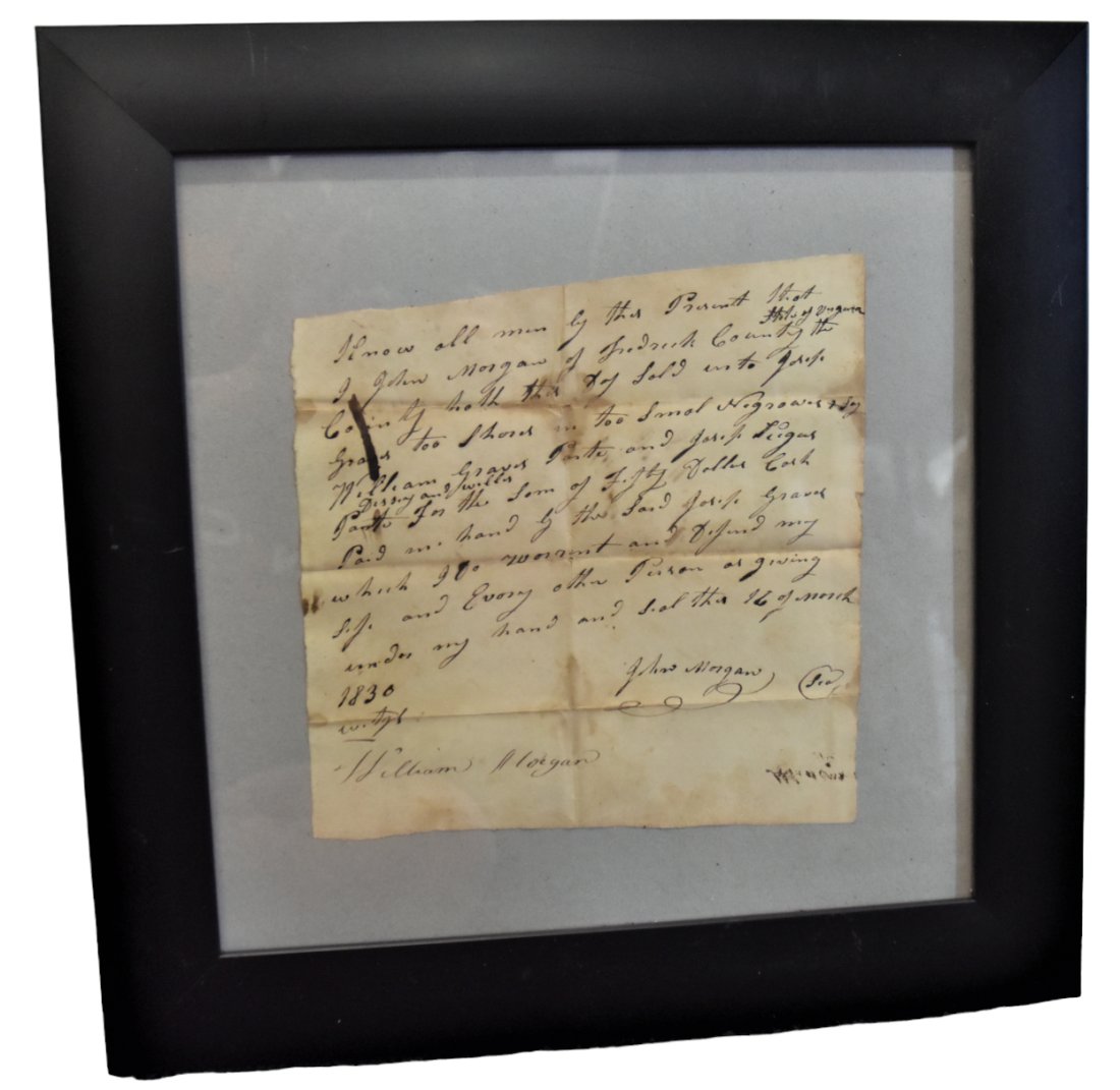 1830 Virginia Slave Bill of Sale: Inked manuscript cut unlined letter sheet (8 x8”) reading: Know all men by those present that I John Morgan of Frederick County the State of Virginia Convy (sic) hath this day sole (sic) unto Jo