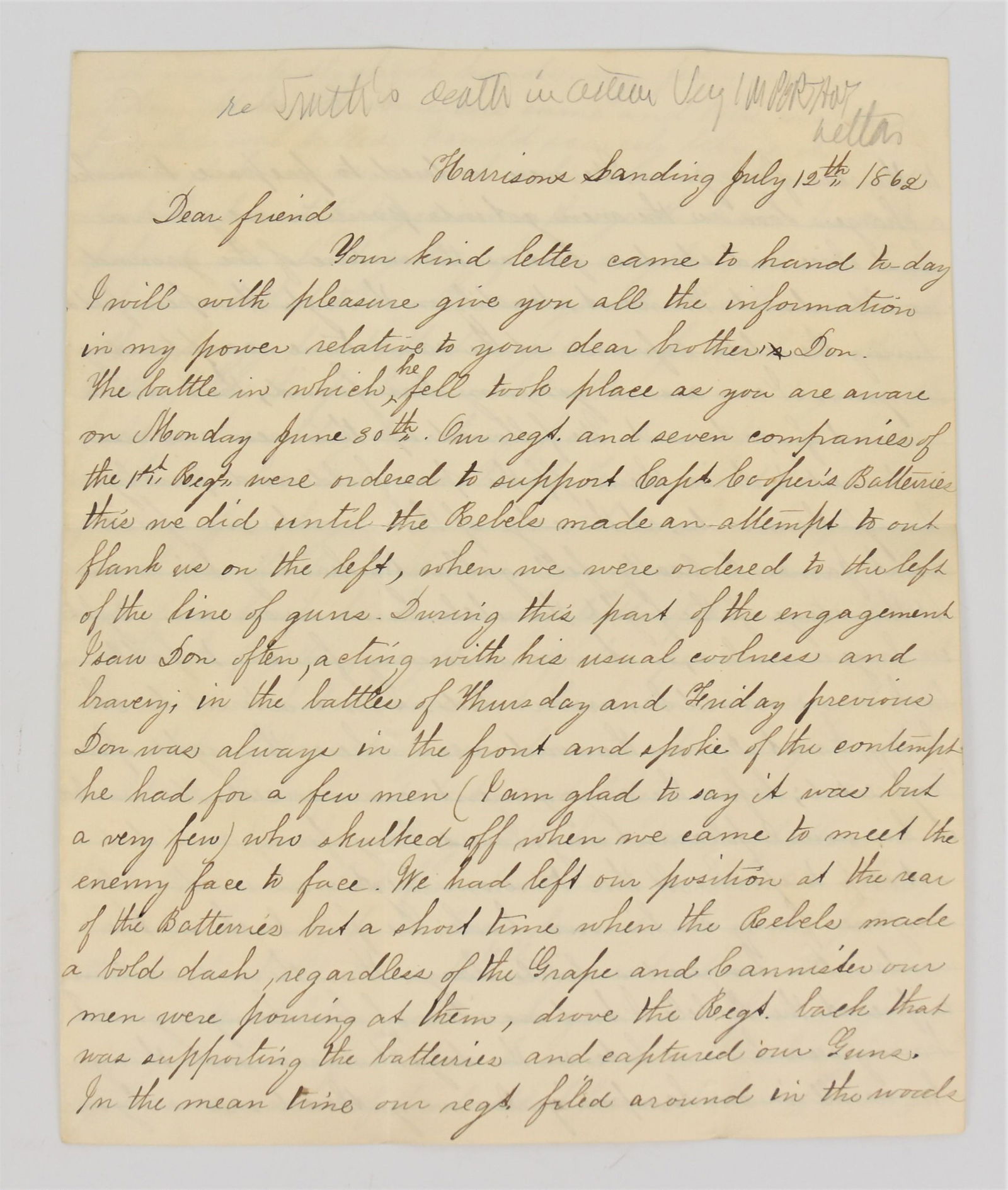 Civil War Letter Detailing Death of Friend (1 of 3)
