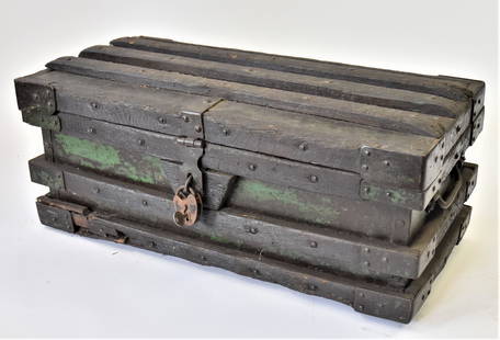 Wells Fargo Strong Box: With remmants of writing on top which reads" Wells Fargo, Wells Fargo Stage Coach, Wells Fargo, S.D." Green paint under black. Lift lid to reveal origial Wells Fargo No. 16 label. Also with small stro