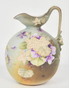 Moriage Nippon Ewer: With violet bouquets. 6 1/2" H x 5" W. Very good condition. Blue mark.