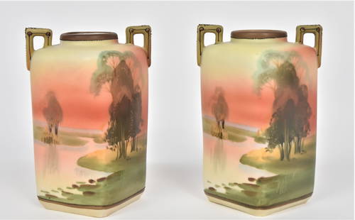 Twin Eventide Lake Scene Nippon Vases: Bead trim handles. 5 3/4”T. 2 7/8”W. Very good condition. Green marks to each.