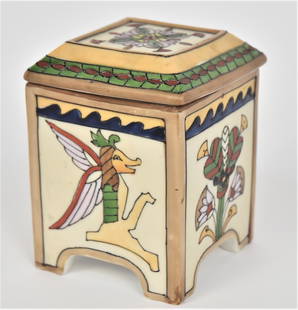 Square Covered Nippon Humidor: Egyptian style winged dogs & stylized floral. Decorative enameling. 4 3/4”T. 3 1/2”W. Very good condition. Green mark.