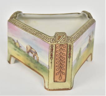 Triangular Scenic Nippon Ferner: Horse & cart, windmill & hillside house. Greek Key & Laurel leaf enamel trim. 3 5/8”T. 5 1/2W. Very good condition. Green mark.