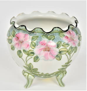 Tri-footed Wild Rose Nippon Bowl: With white enamel dew drop application. Ruffled rim. 4”T. 4 1/2”W. Attractive & in good condition. Blue mark.