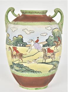 Tapestry English Fox Hunt Ribbed Nippon Vase: Enamel trimmed handles. Enamel Greek Key decor. 7 !/4”T. 5 1/4” handle to handle. Color rubs on shoulder. Otherwise good condition. Precise design. Green mark.