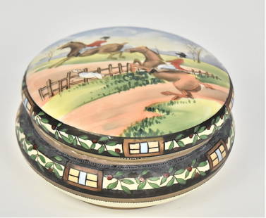 Round British Horse Jumpers Covered Nippon Dresser Box: Decorative berry & leaf designs. 3" H x 4 1/4" D. Minor color rubs on base. Uncommon design. Very good condition Green mark.