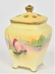 Nippon Potpourri Scenic Covered Footed Container: With sailing vessels. 4 3/4" H x 3" W. Colorful and in very good condition. Green mark.