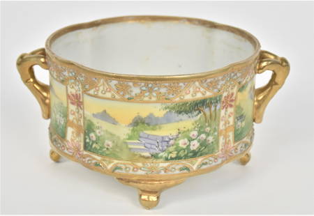 Nippon Wishbone Handled Fernery: With stone & floral garden vignettes. Pastel beading is enhanced by gold. Four golden feet. 4 5/8”T. 9” W including handles. Slight interior water stains. Refreshing landscapes. Very good