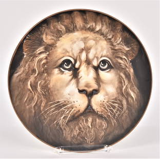 Rare Nippon Relief Mold Plaque: Centered by a male lions head having soulful intaglio eyes. 10 1/2”D. Dramatic composition. Very good condition. Green mark.