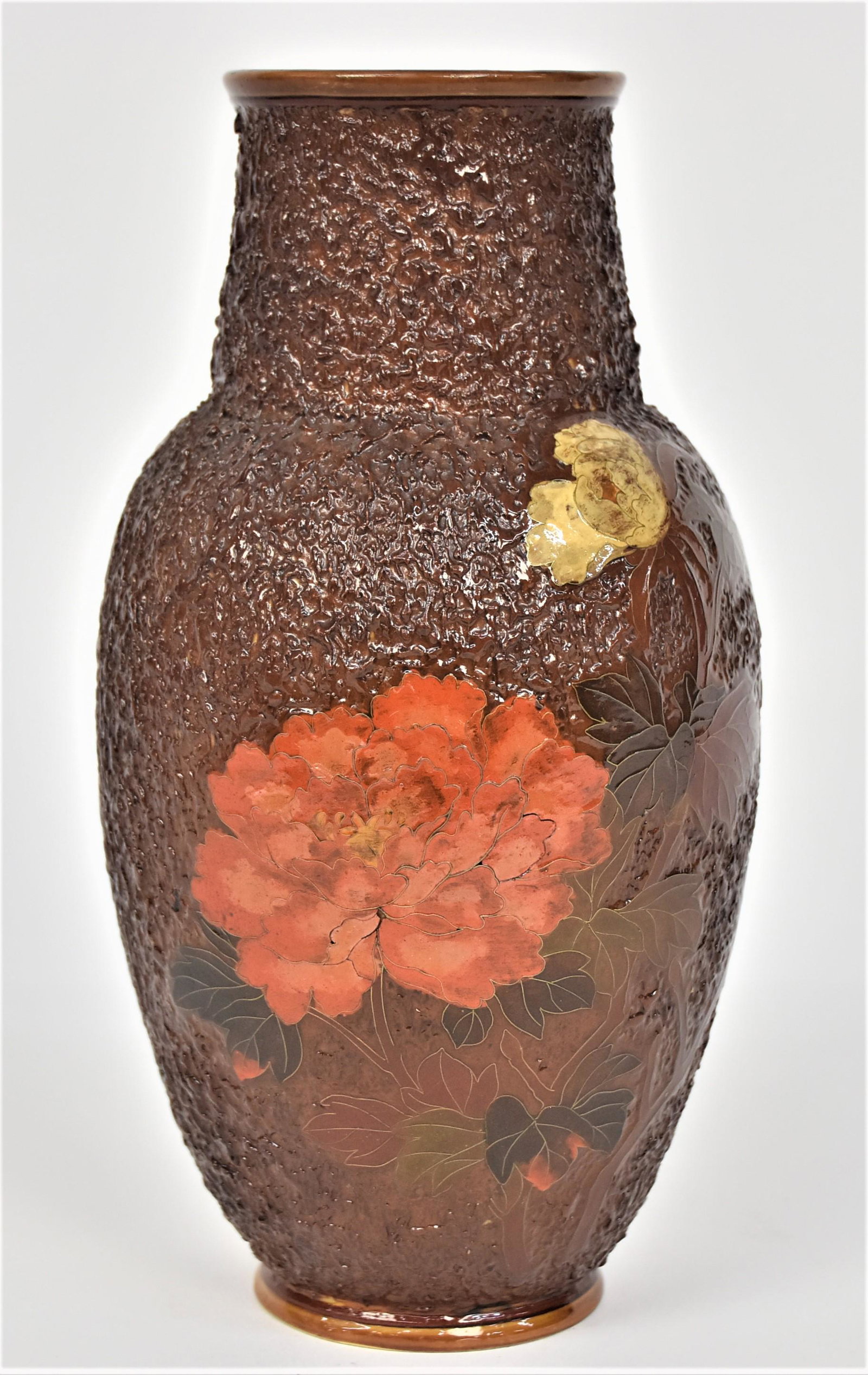 Rare Nippon Cloisonne Vase: With long stemmed roses front & back surrounded by a lavished textured backdrop. 9 1/4”T. 5”W. Stunning vessel. Very good condition. Green mark.