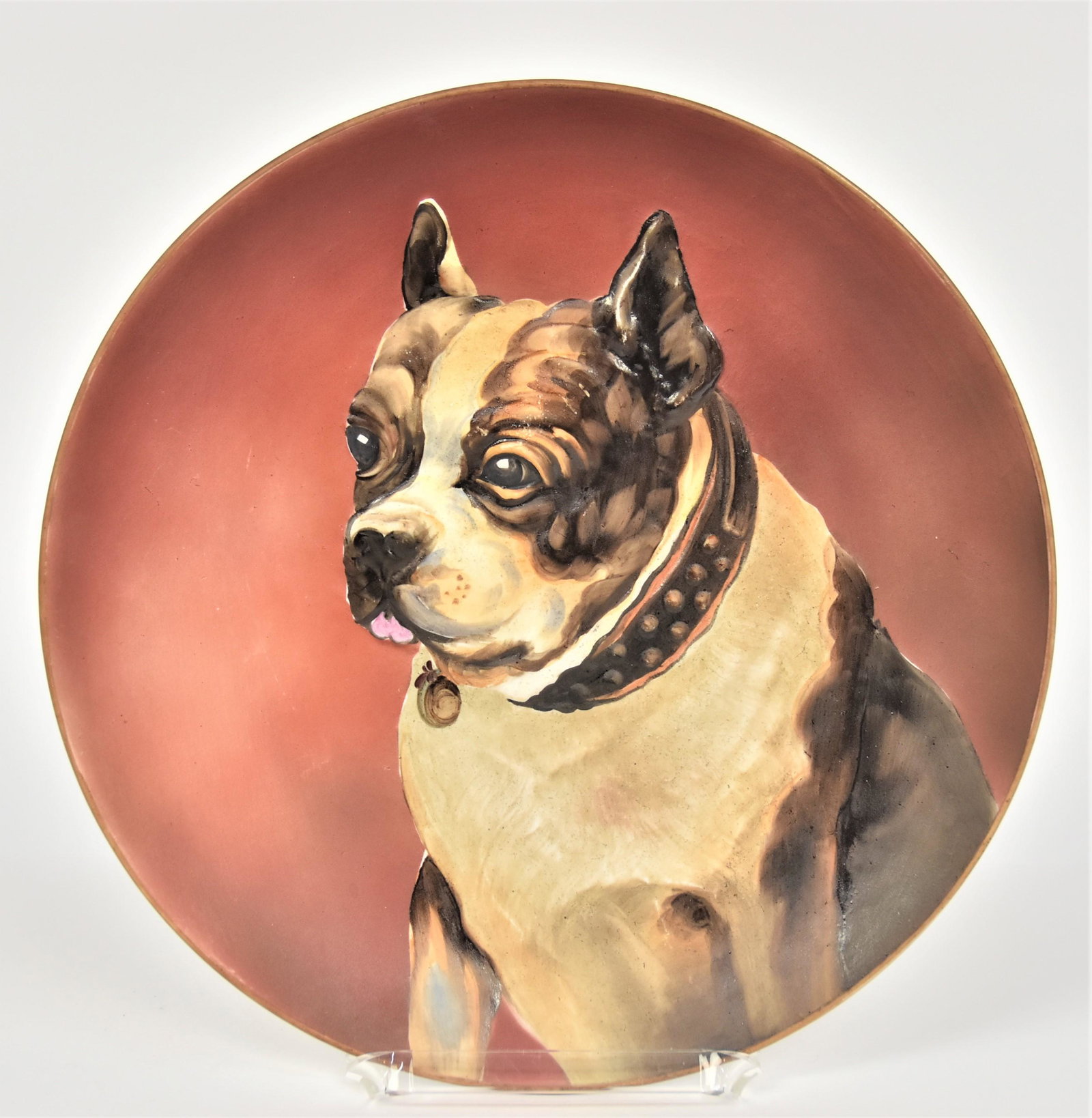 Nippon French Bulldog Mold in Relief Charger: Measures 10 3/8”D. Attentive pooch accurately portrayed. Very good condition. Green mark.