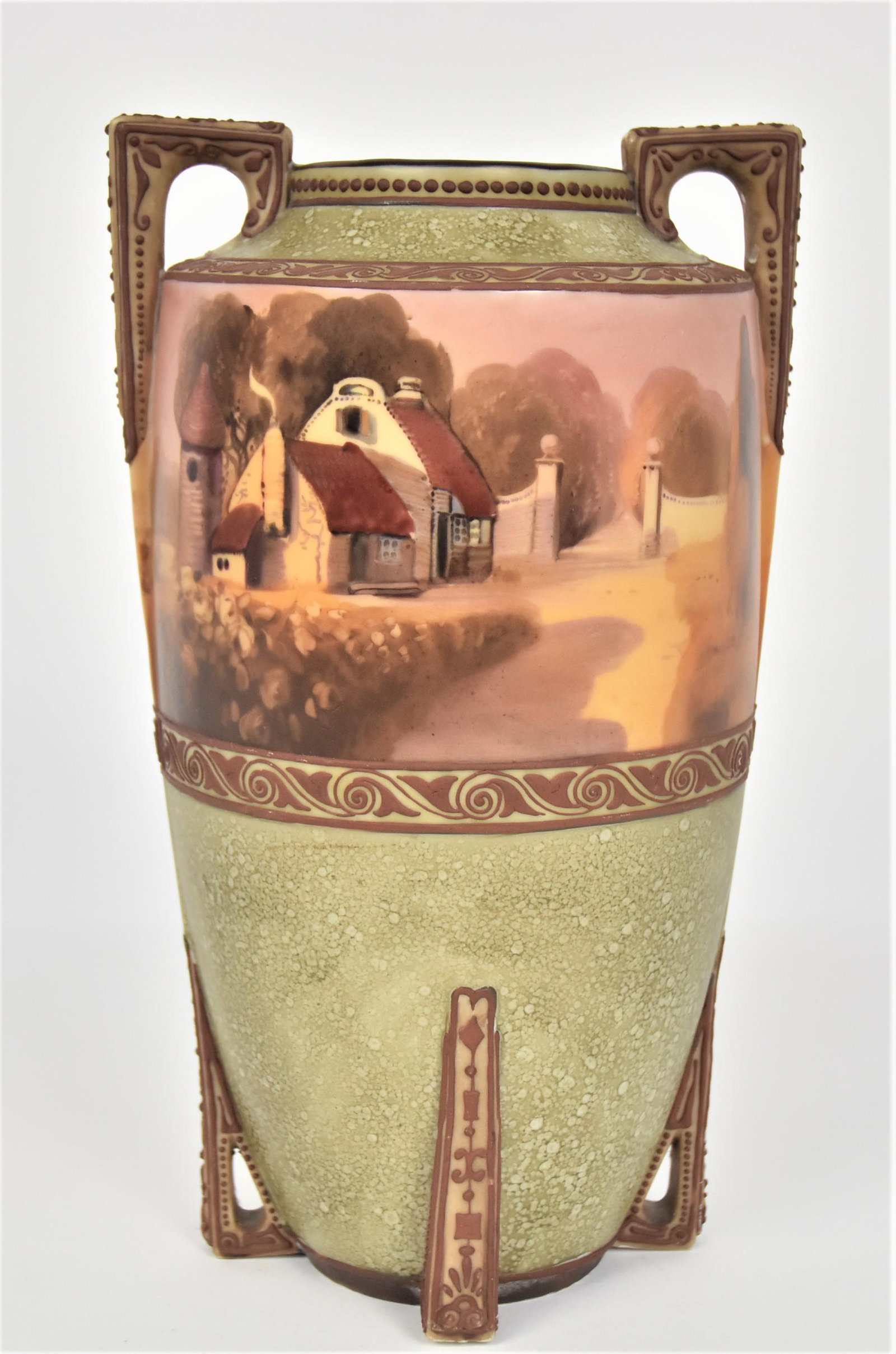 Nippon Moriage Oil Spot Vase: With a European Gated Village & inlet landscape. Angled handles & 4 buttress feet. Oil spot backdrop to lower body & shoulder. 10 3/8”T. 6” handle to handle. Handsome vessel. Very good con