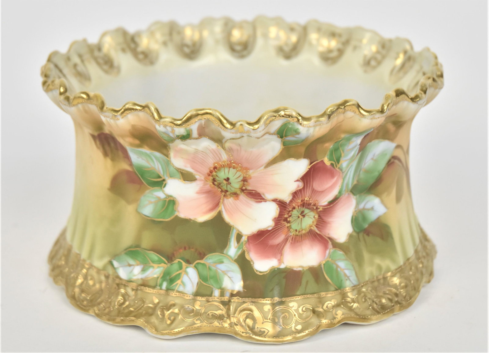 Nippon Fernery With Wild Roses: Wild roses & thumbprint ruffled rim & raised gold enhancements. 4 1/4”T. 7 1/4”D. Very good condition. Green mark.