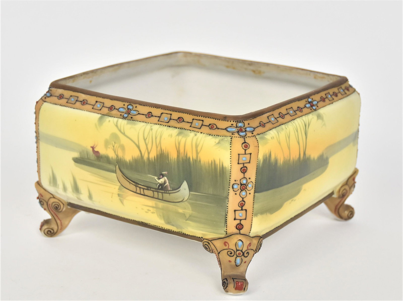Nippon Jeweled Footed Fernery: With dawning landscapes all around. Decorative enamel trim. 4 1/2”T. 7 1/4”D. Very good condition. Green mark.