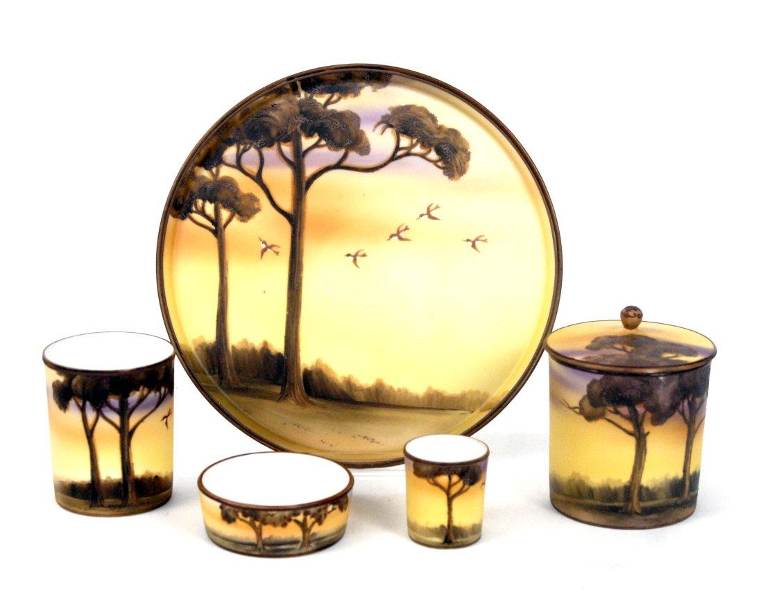 Nippon Smoking Set: Each With dawning country landscapes. Consisting a 4 1/2”X 3 1/2”D covered cigarette container, 3 1/2” beaker, 2” match holder & a 1 1/4”X3 3/8”D waste tray. Very g