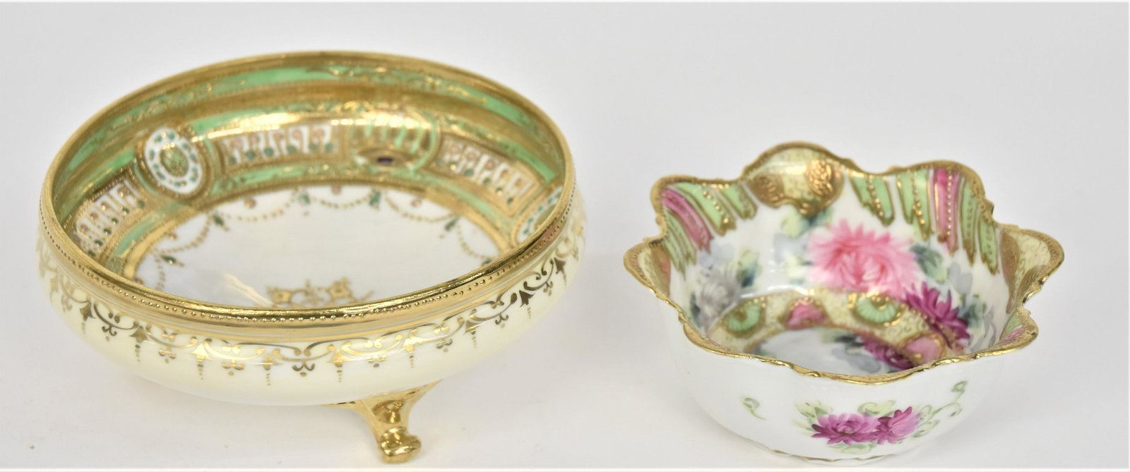 Two Decorative Nippon Items: 1)Jeweled & Gold footed compote With refreshing green. 2 5/8”T. 5 3/4”W. 2)Scalloped bowl With chrysanthemums. 2”T. 5”D. Very good condition. Blue marks.