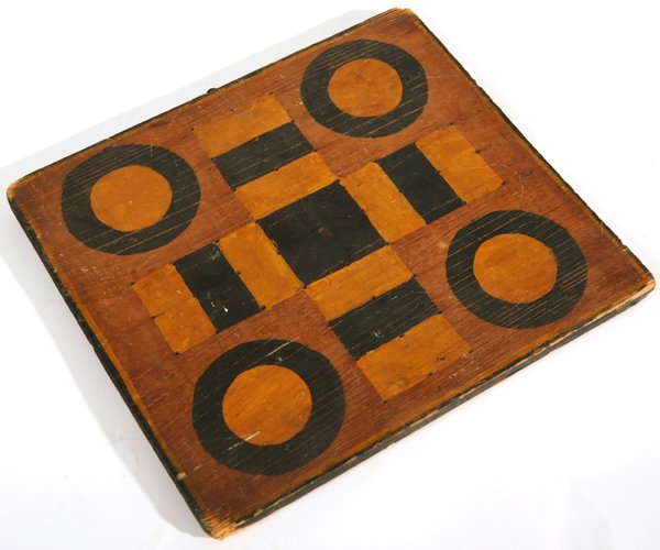EARLY FOLK ART PAINTED PARCHEESI GAME BOARD: Wonderful small size American pine game board with original yellow and black paint decoration. Pencil signed and dated 1900 on back. All original with fine old patina. Good condition. 9 1/2" h x 10 1/