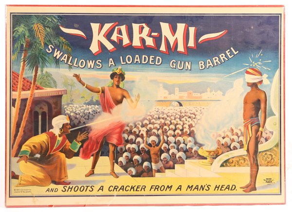 1914 KAR-MI MAGIC POSTER: Poster laid on board "Copyright 1914" by Joseph Hallworth. Reads "Kar-Mi". Swallows a loaded gun and shoots a cracker from a man's head. Wrapped in cellophane and laid on board. Nice condition. 28 1/2