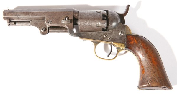 COLT MODEL 1849 POCKET PERCUSSION REVOLVER: .31 Caliber. 4" octagon barrel. Two-line New York address. Matching Serial #130529. Old patina. Engraving still visible on cylinder. Cock fires but cylinder does not advance. From Cincinnati estate.