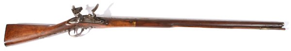 18TH CENTURY FULL STOCK FLINTLOCK MUSKET: 18th Century military musket with illegible maker on lock plate. Marked. "73" on barrel. Old repairs to stock, as found. 50" long.