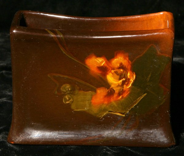 ROSEVILLE ROZANE WARE LETTER HOLDER: Floral decoration. Possible artist signature on back. Marked on bottom. Fine condition. 3 1/2" h x 4 1/2" w.