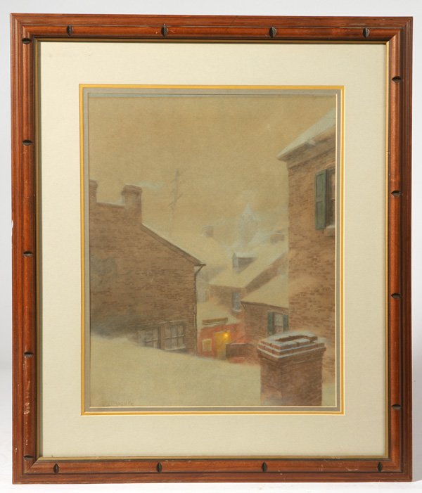 EDWIN LAMASURE, JR. (WASHINGTON DC) WATERCOLOR: Edwin Lamasure, Jr. (Washington D.C., 1867-1916) 18 1/2" x 14" watercolor of winter street scene. Signed lower left "E. Lamasure". Good condition.