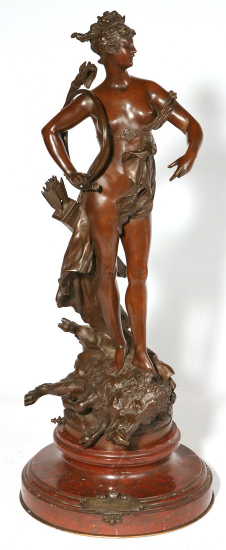 ALBERT ERNEST CARRIER-BELLEUSE BRONZE: Albert Ernest Carrier-Belleuse (French) bronze sculpture titled "Diane Victorieuse". Signed in cast at base of bronze "Carrier-Belleuse". Also cast with "Exposition Universelle 1889" stamp resting on 