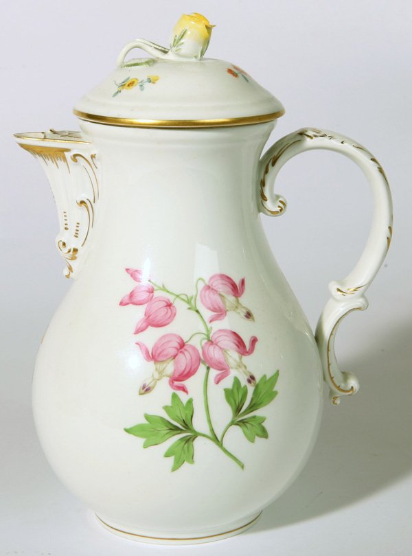 MEISSEN COFFEE POT W/FLORAL DECORATION: Cross swords mark. Tiny roughness on top edge of pot where lid meets, otherwise fine condition. 9 3/4" h.