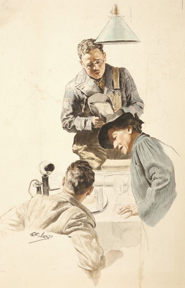 EDWARD FRANKLIN WARD WATERCOLOR ILLUSTRATION: Watercolor on board by Edmund Franklin Ward (1892-1991). Well listed artist and Saturday Evening Post illustrator for several years. Signed lower left. Art - 23" x 15 1/2".