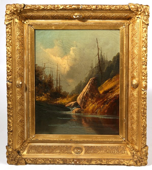 HUDSON RIVER SCHOOL OIL PAINTING: 18" x 14" oil on canvas of landscape with stream. Original good frame. Good condition.