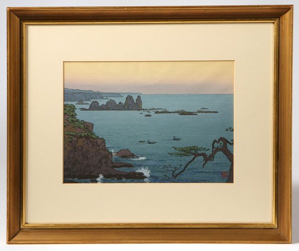 TOSHI YOSHIDA JAPANESE WOODBLOCK PRINT: Toshi Yoshida (Japanese, 1911-1995) woodblock print, titled "Irozaki Morning" depicting fishing boats sailing before a rocky coastline. Matted and framed. Good condition. Sight 9 1/4" x 12 7/8".