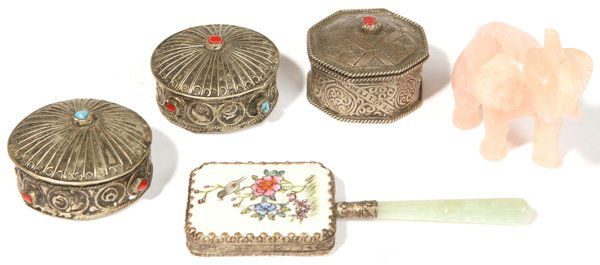 ANTIQUE CHINESE DRESSER ITEMS: Lot of five includes three small round and octagon boxes in white metal and set with red and blue trade beads, circa, 2 1/4" diameter. Plus porcelain and jade hand mirror set in white metal mounts, 5