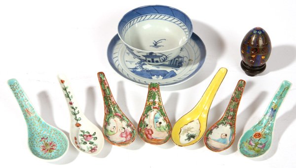 GROUP OF CHINESE PORCELAIN PLUS: Lot includes blue and white bowl and 6" underplate, seven spoons, plus one small Cloisonné egg on stand. Minor flake to bowl and one spoon damaged, otherwise all in good condition.
