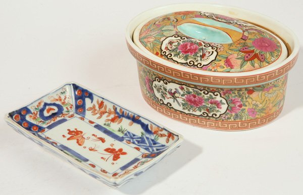 CHINESE PORCELAIN: Lot of two including Famille Rose covered casserole, 9" x 7 1/2" x 4" high and rectangular dish with painted butterflies, 5" x 8". Both fine condition.