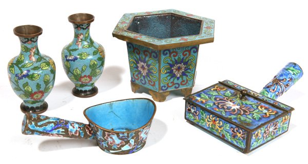 LOT OF CHINESE CLOISONNE: Five pieces including a pair of 4" miniature vases, a small 3 1/2" hexagonal planter, a 5 1/4" long clothing ironing dish and a lidded box with handle, 6" long. All early 20th Century. The last three