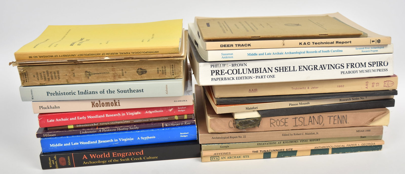 Books on Archaeology from Southern States: Lot of 25, including the following titles: Pre-Columbian Shell Engravings From the Craig Mound At Spiro, Oklahoma, by Philip Phillips & James A. Brown; plus Middle and Late Archaic Archaeological Reco