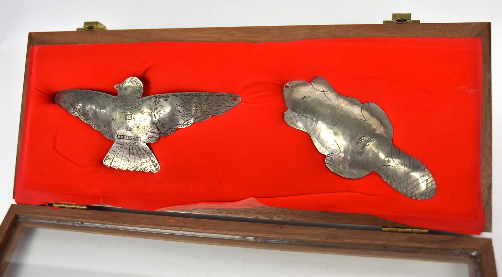 Two Hudson Bay Co. Trade Silver Gorgets: Beaver form, marked HB Co. & Montreal, 2 3/4 x 6 1/2"; and eagle form also marked HB and Montreal, 8 x 3 1/2"